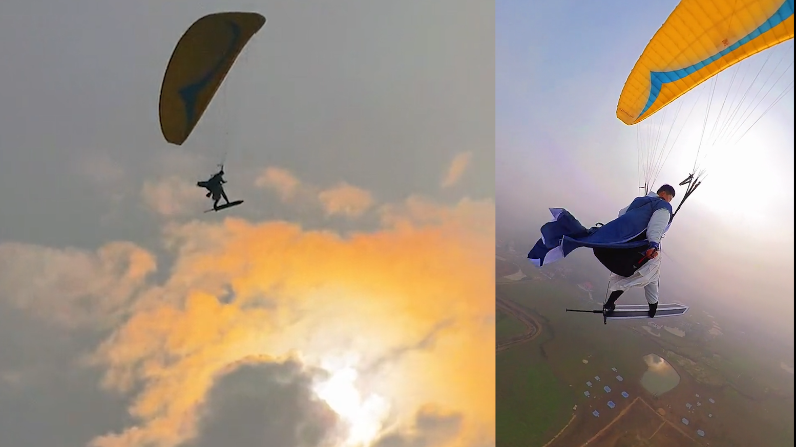 滑翔伞教练自制飞剑高空御剑飞行：用塑料打造，为配合景区演出
