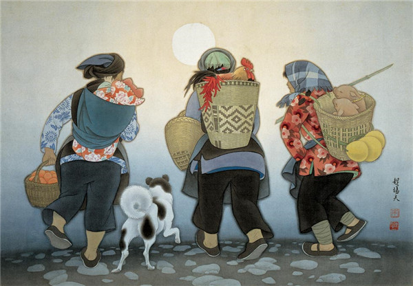 《赶场天》1983年 50x73cm 绢本